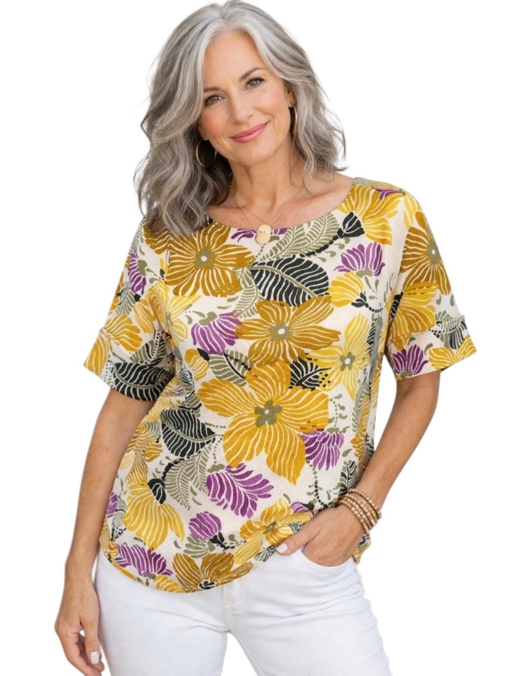 Chico's Floral Botanical Print Boat Neck Short Sleeve Top Coastal Boho 0/4/S